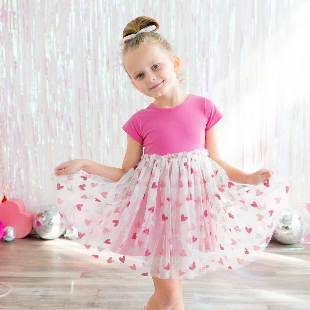 Glitter Heart Valentine's Day Short Sleeve Tutu Dress