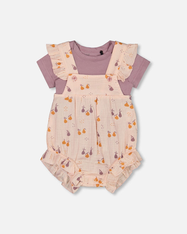 Muslin Shortall Organic Cotton Onesie Set Peach With Pears