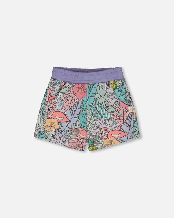 French Terry Short Lilac Tropical And Pink Flamingos