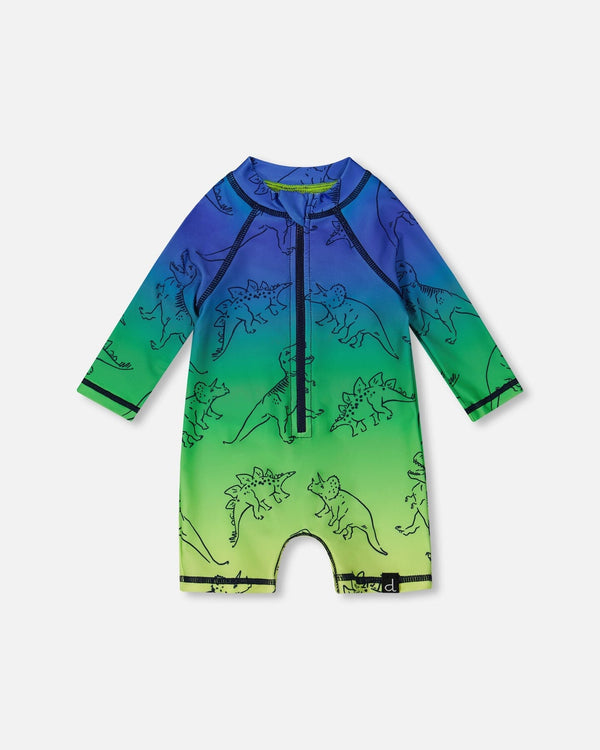 Long Sleeve One-Piece Rashguard Blue & Green Dino