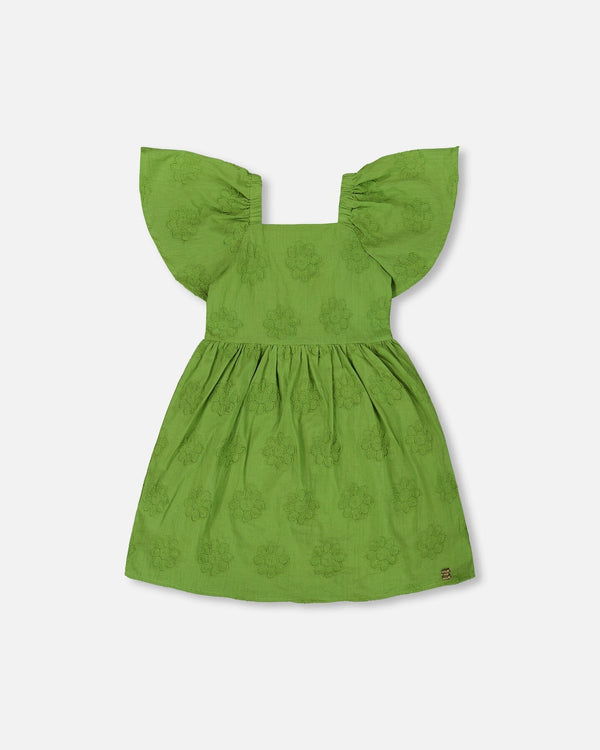 Green Frill Sleeve Dress w/ Embroidery