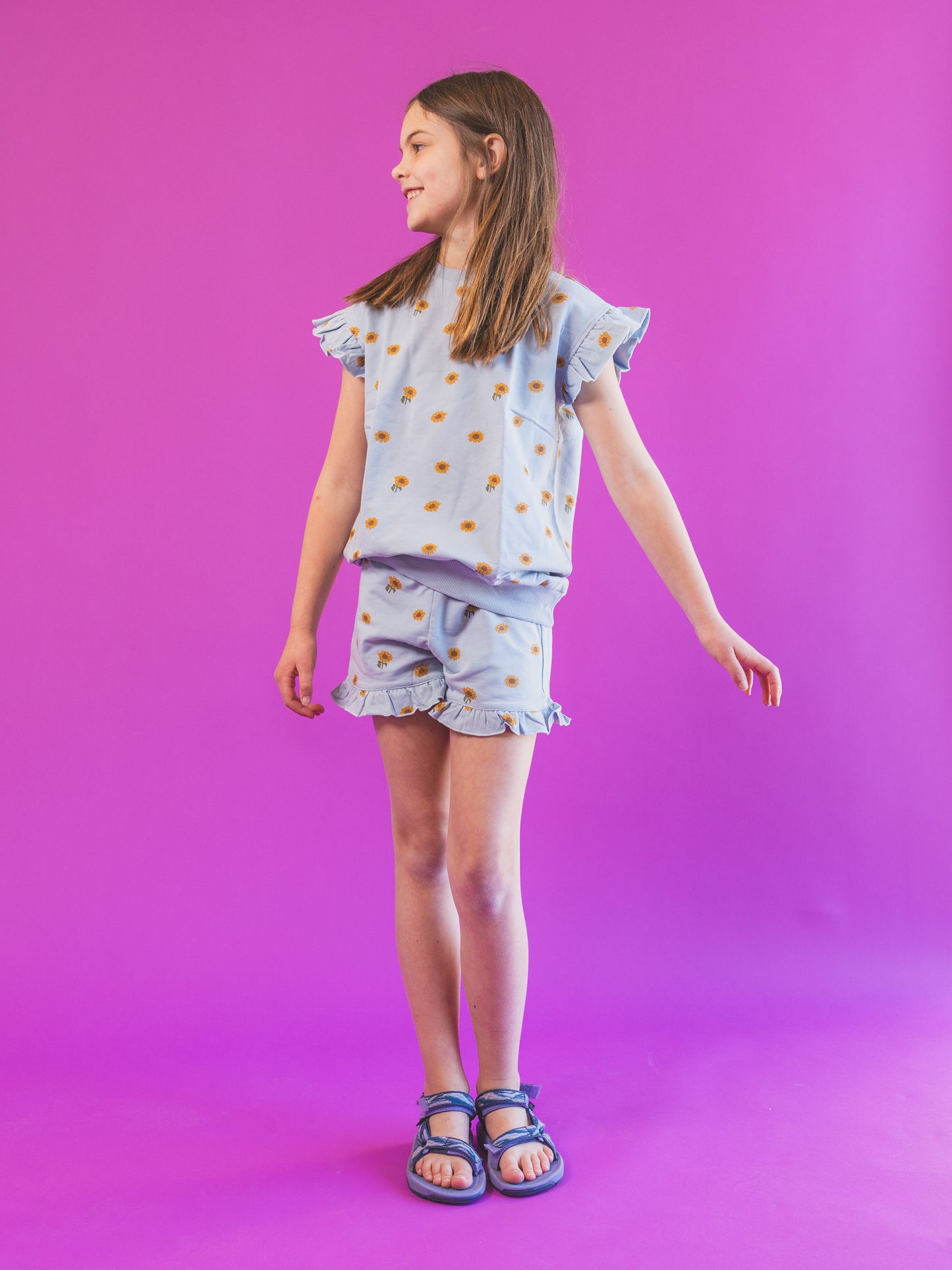 Sunflower Print on Celestial Blue Top