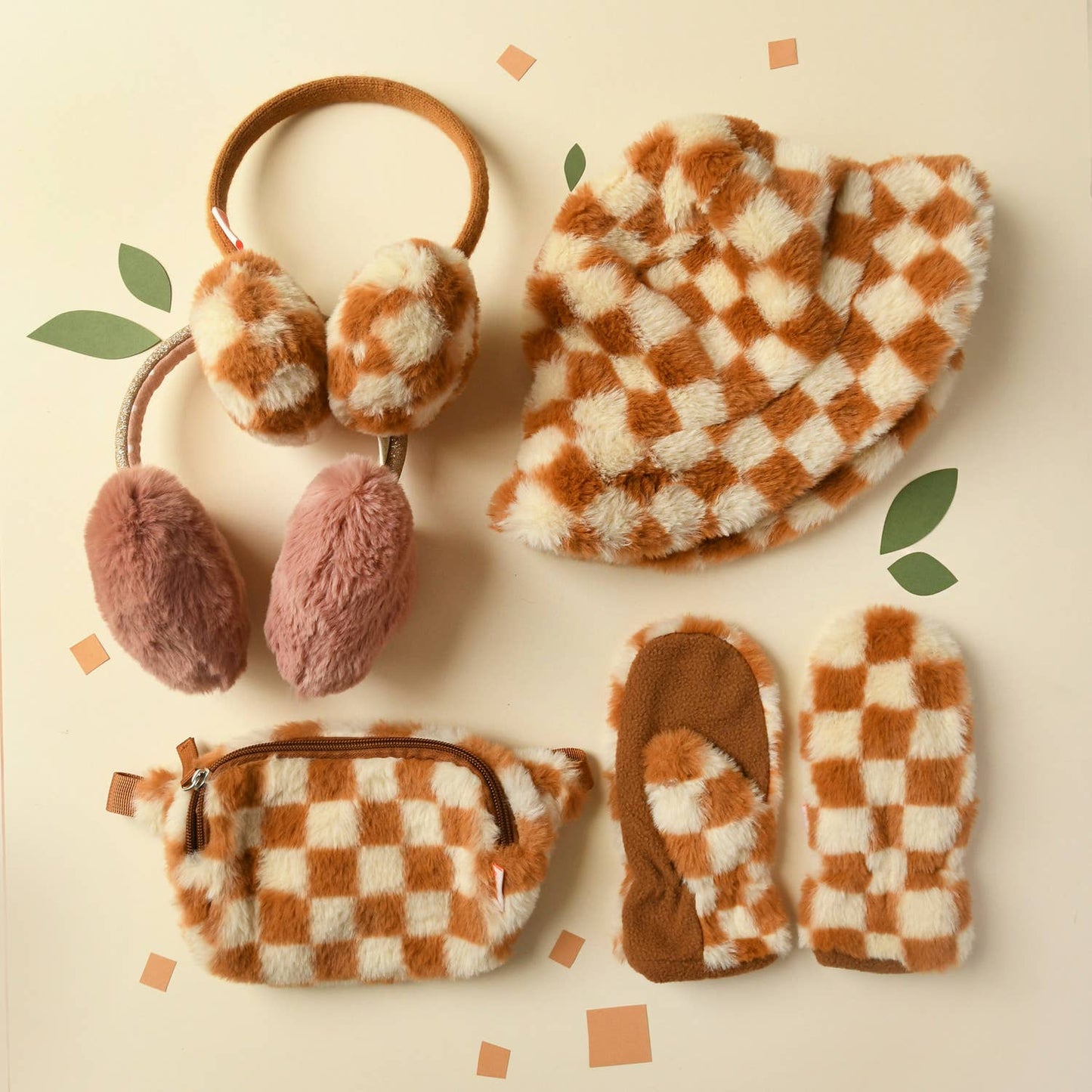 Toffee Check Furry Mittens 7-10 Years