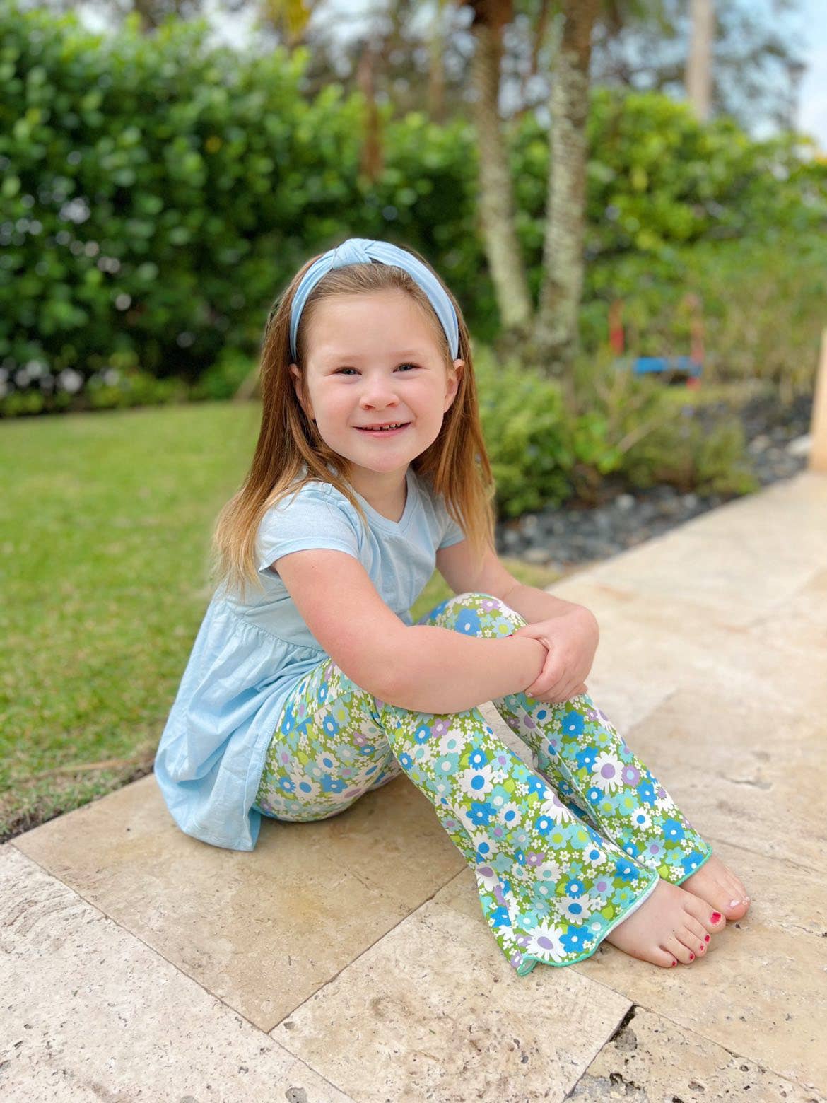 Green & Blue Flower Power Jersey Knit Bell Bottoms