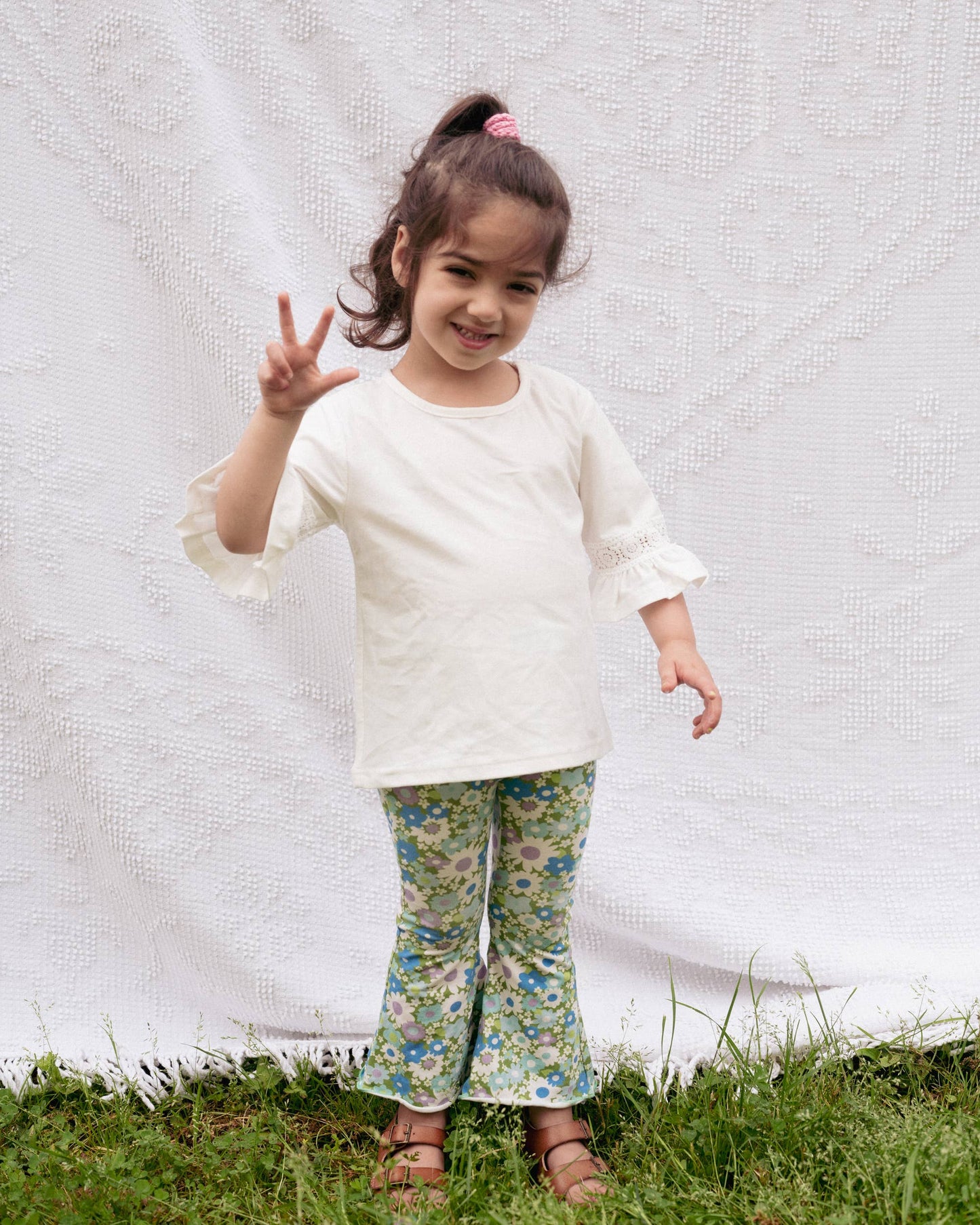 Green & Blue Flower Power Jersey Knit Bell Bottoms