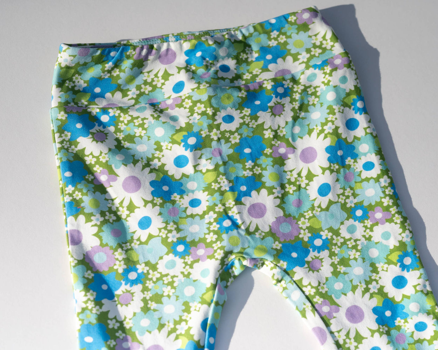 Green & Blue Flower Power Jersey Knit Bell Bottoms