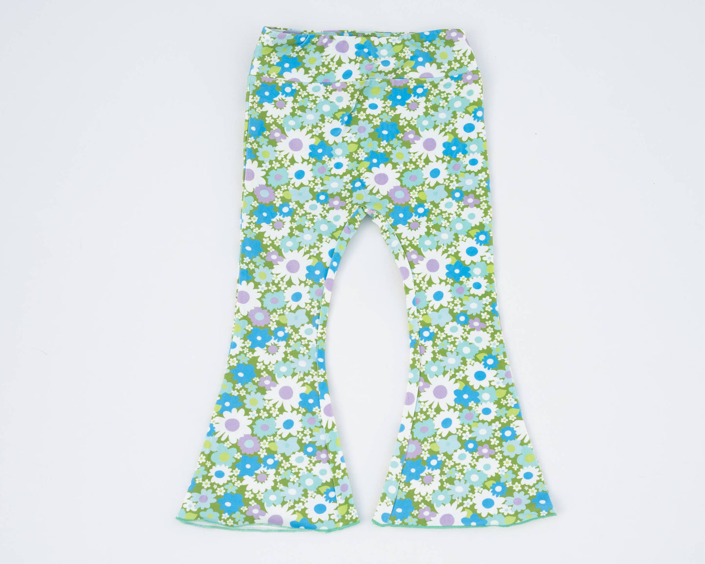 Green & Blue Flower Power Jersey Knit Bell Bottoms