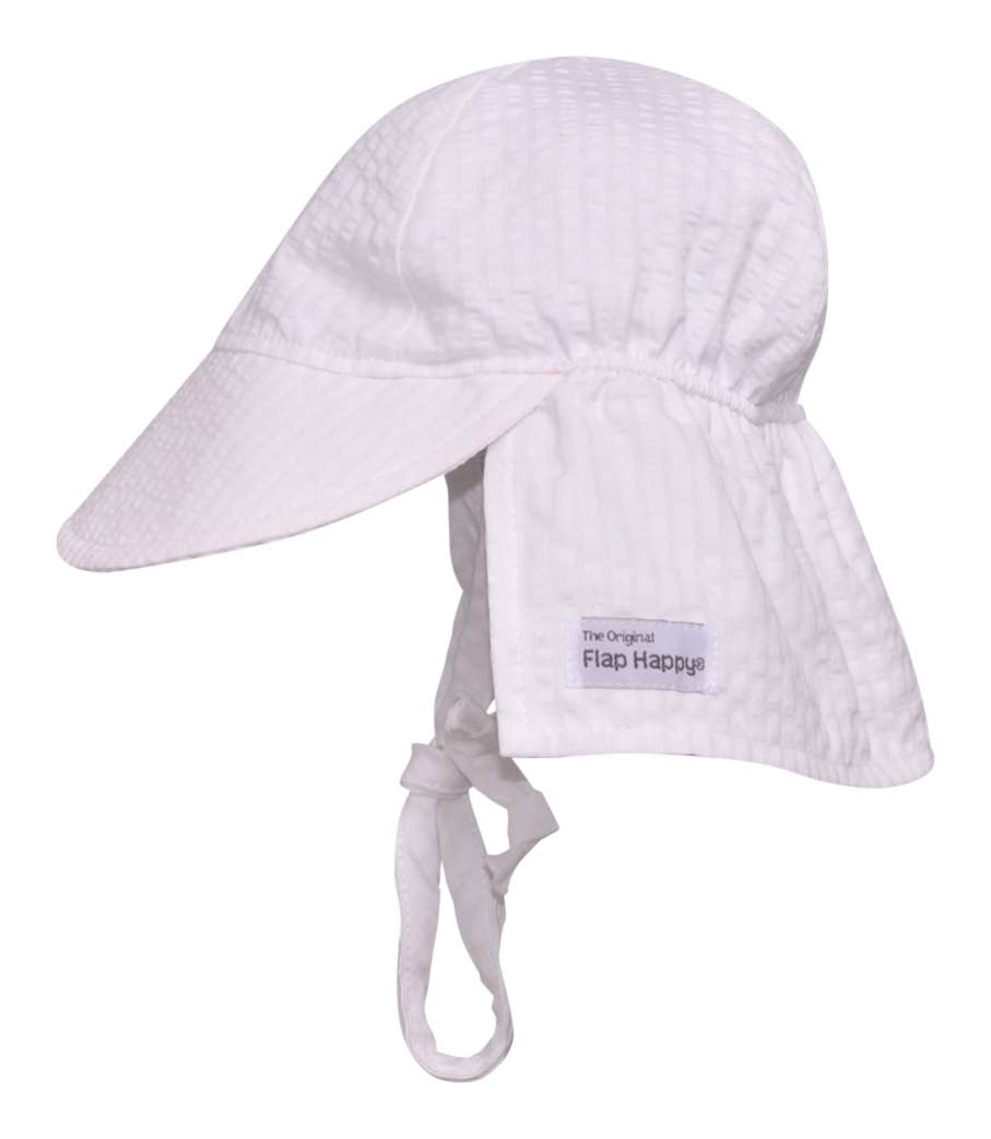 Kids UPF 50+ Girls and Boys Original Flap Hat with Ties: Vanilla Stripe Seersucker / L