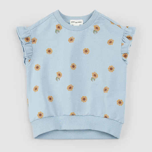 Sunflower Print on Celestial Blue Top