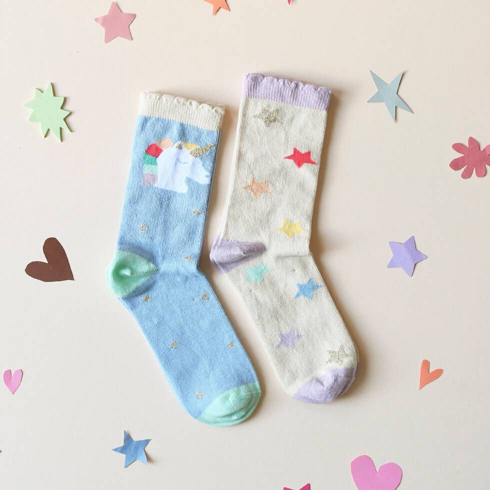 Rainbow Unicorn 2 Pack Socks (Size 9-12 Junior)