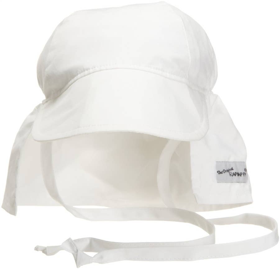 Kids UPF 50+ Girls and Boys Original Flap Hat with Ties: Vanilla Stripe Seersucker / XS