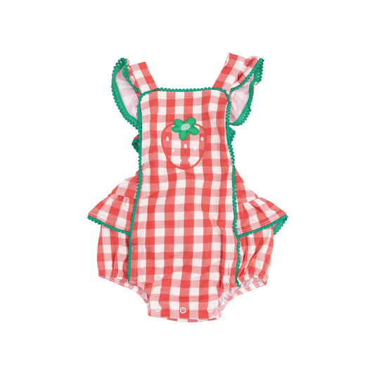 Ric-Rac Ruffle Sunsuit - Strawberry Gingham