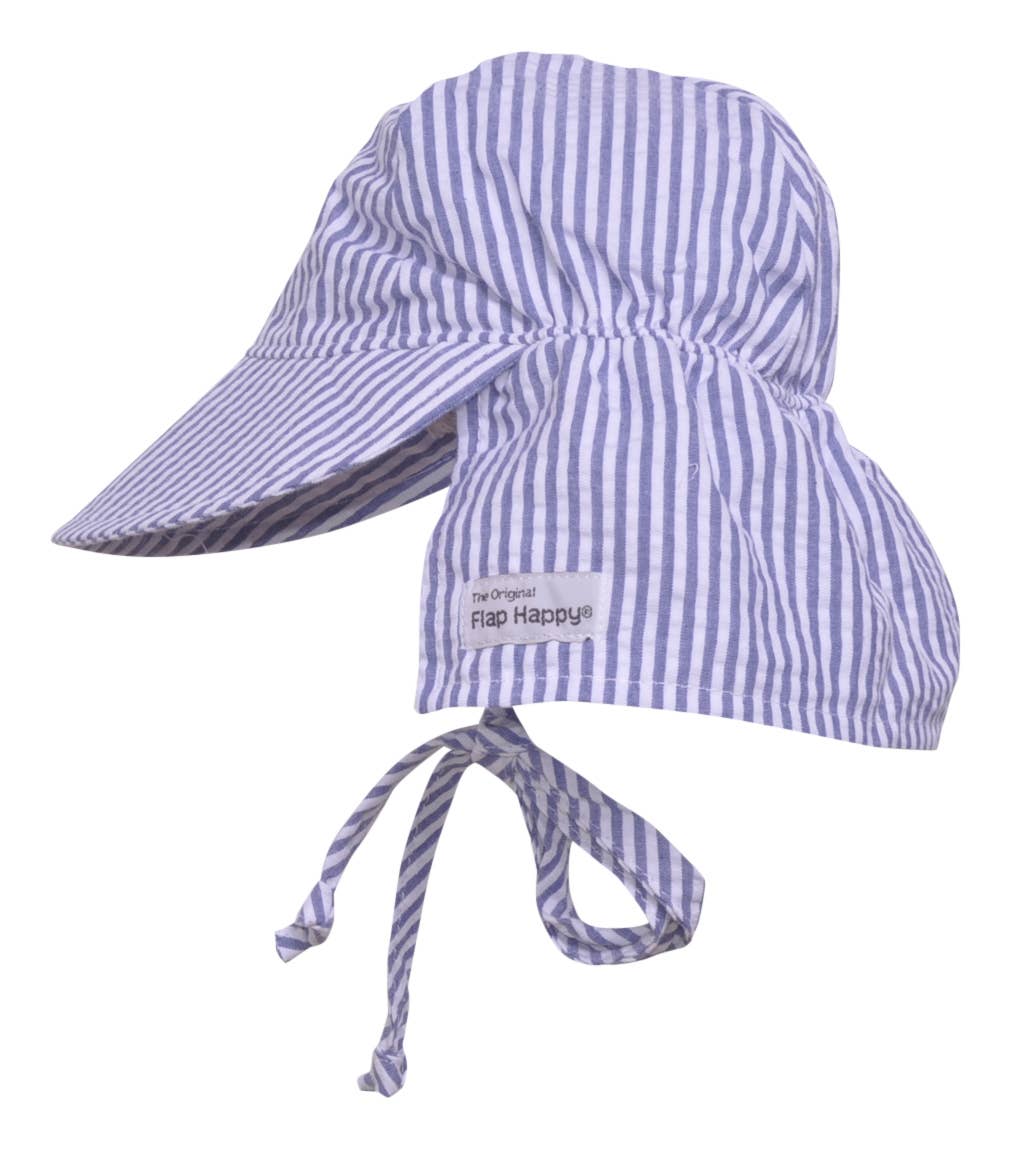 Kids UPF 50+ Girls and Boys Original Flap Hat with Ties: Vanilla Stripe Seersucker / XS