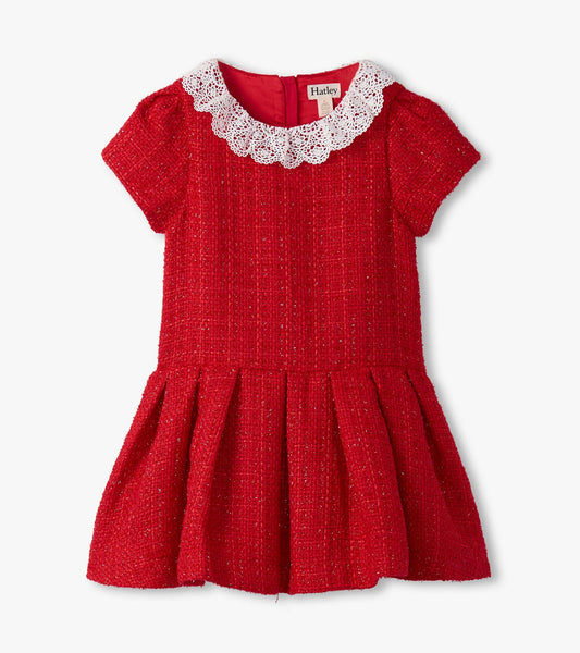 Sparkle Boucle Pleated Lace Collar Lined Dress