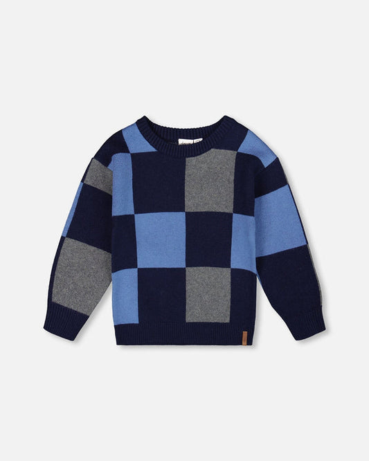 Blue Grey Checker Knit Sweater