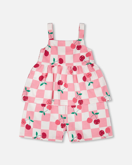 Organic Cotton Jersey Romper Pink Cherry Check