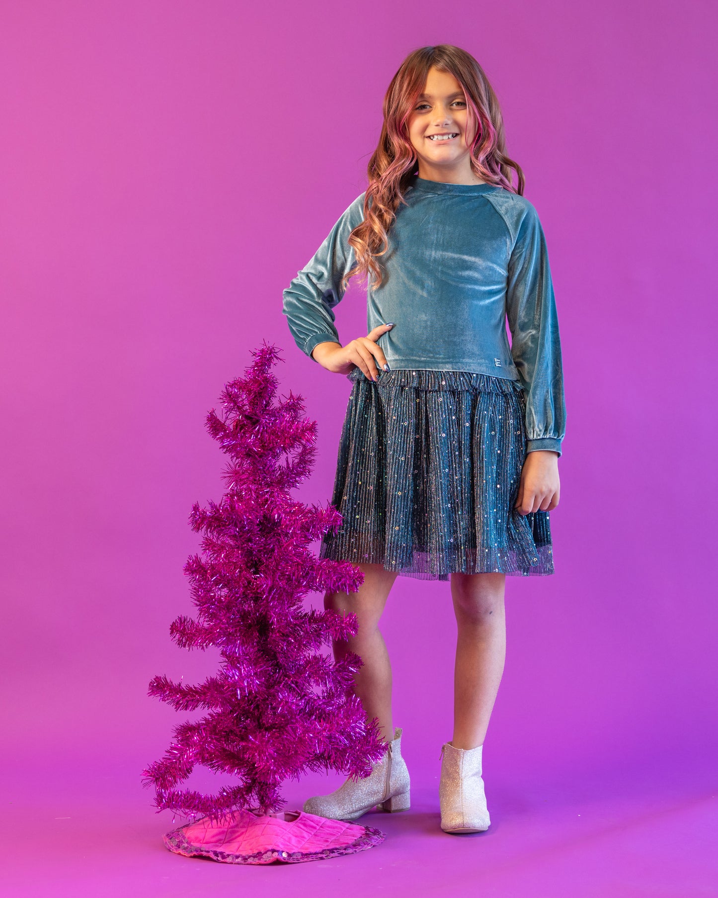 Long Sleeve Bi-Material Velvet And Pleated Mesh Dress Teal Blue