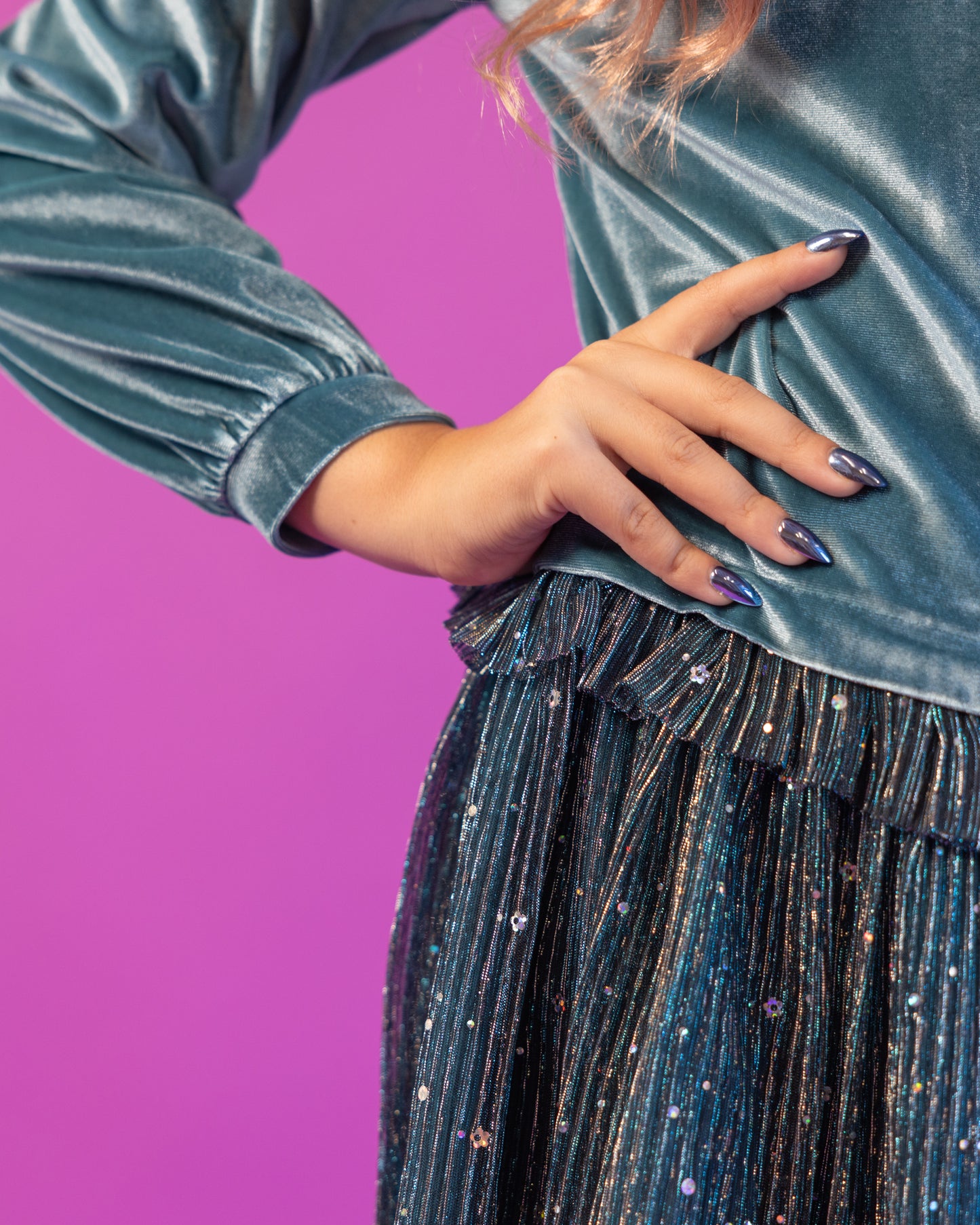 Long Sleeve Bi-Material Velvet And Pleated Mesh Dress Teal Blue