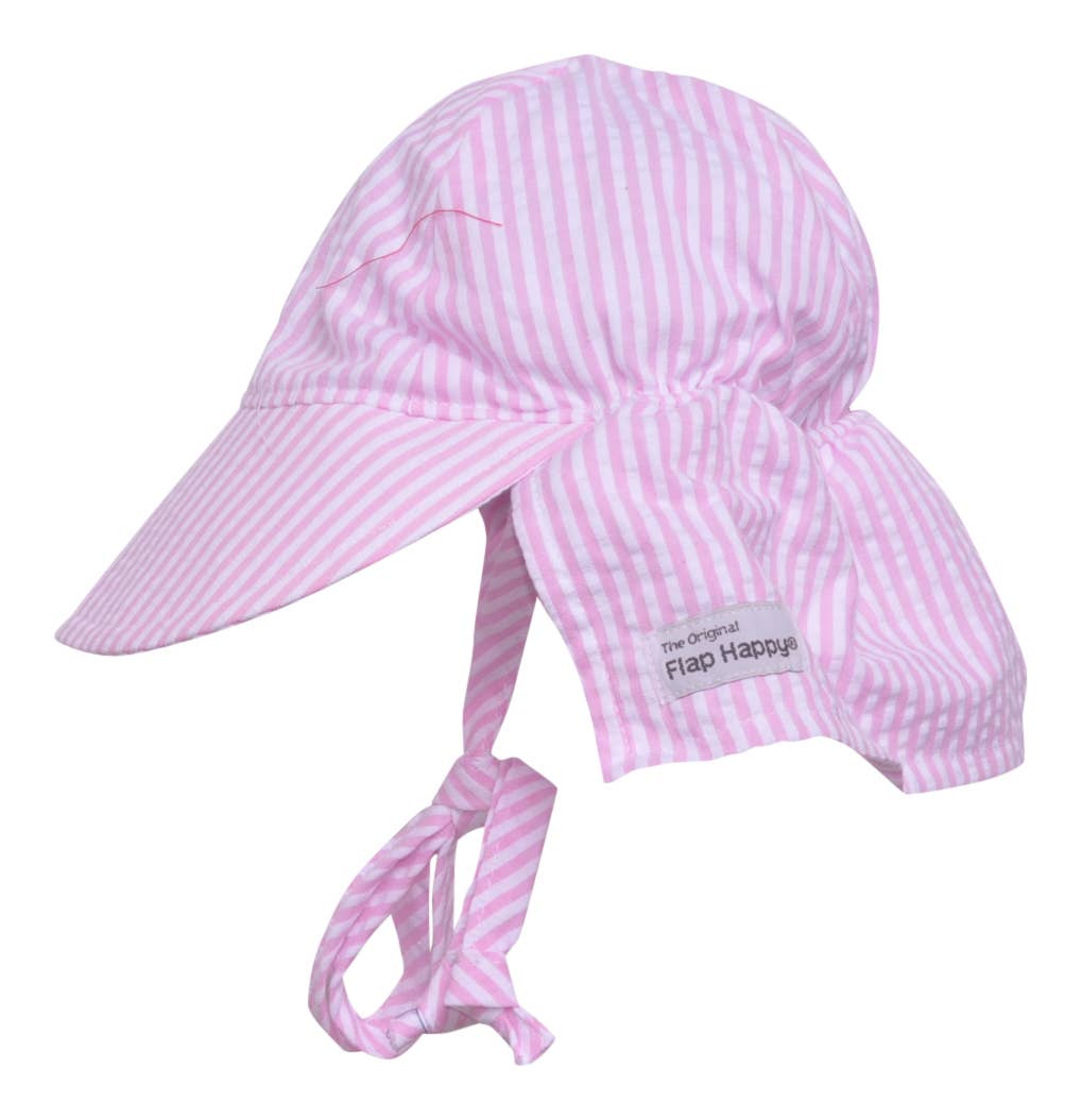 Kids UPF 50+ Girls and Boys Original Flap Hat with Ties: Vanilla Stripe Seersucker / S