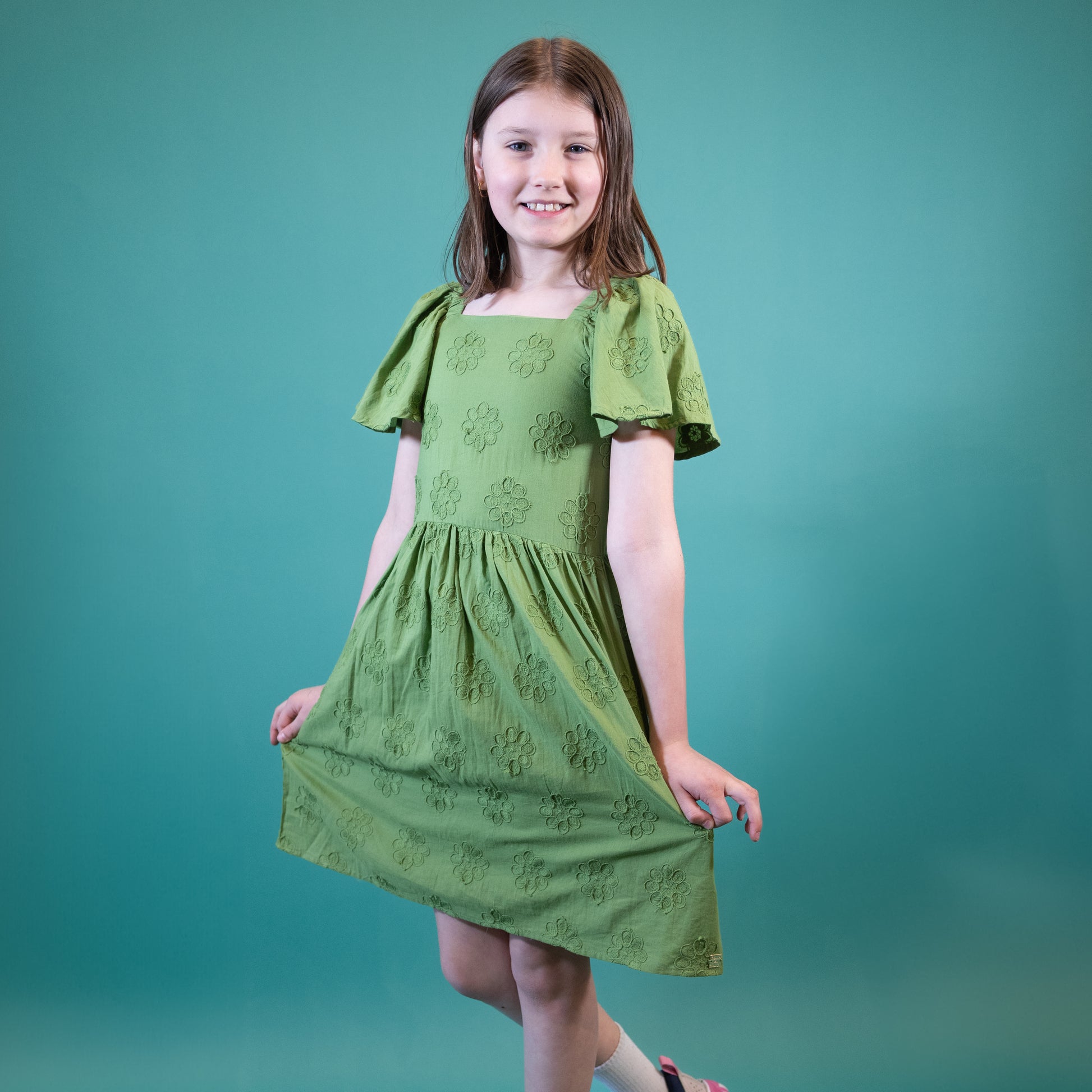 Green Frill Sleeve Dress w/ Embroidery Planette Kids Green Frill Sleeve Dress w/ Embroidery Planette Kids