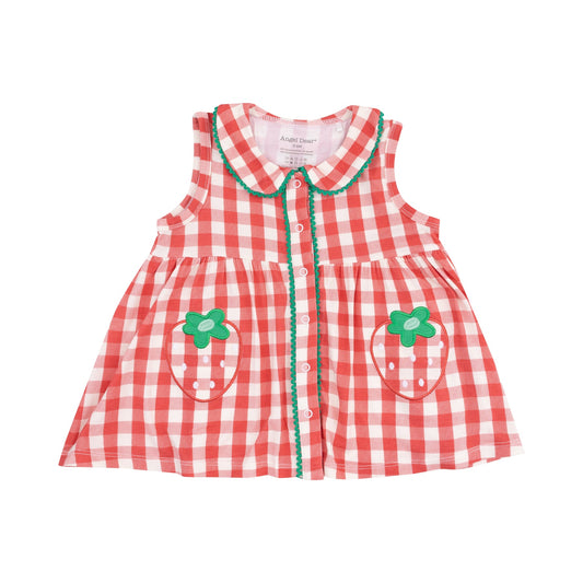 The Jill- Peter Pan Button Front Dress w/ Ric Rac Trim - Strawberry Gingham