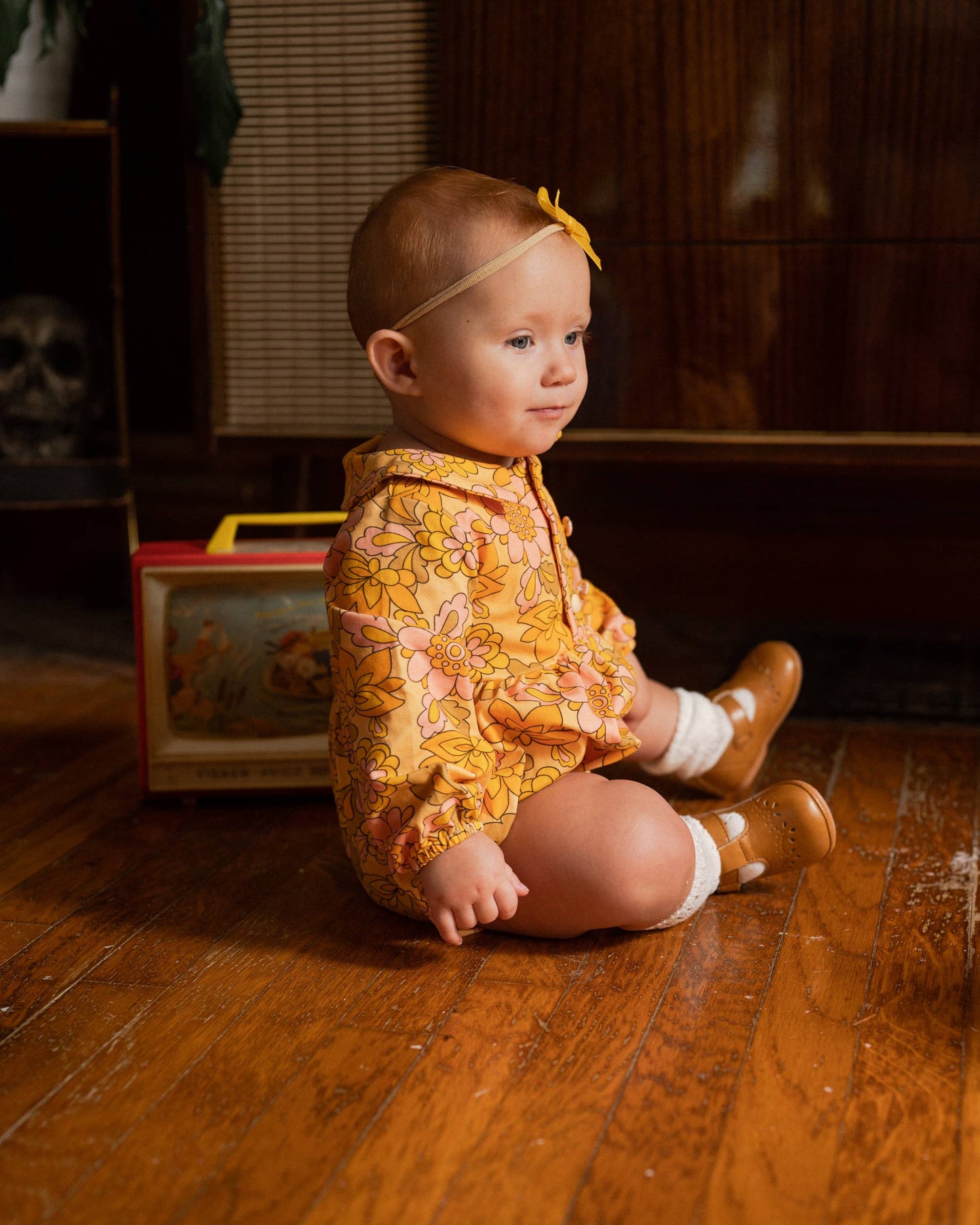 Seventies Yellow Retro Floral Collar Romper