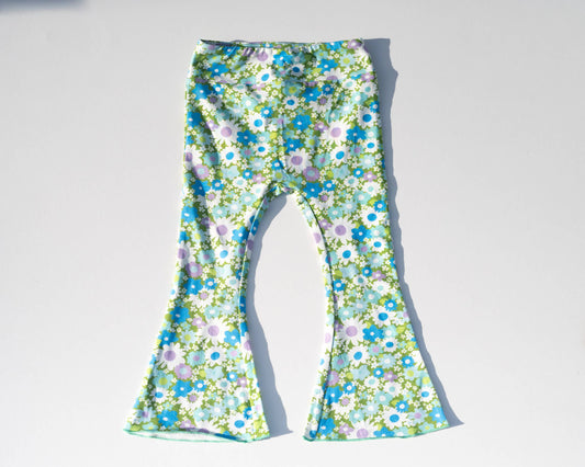 Green & Blue Flower Power Jersey Knit Bell Bottoms