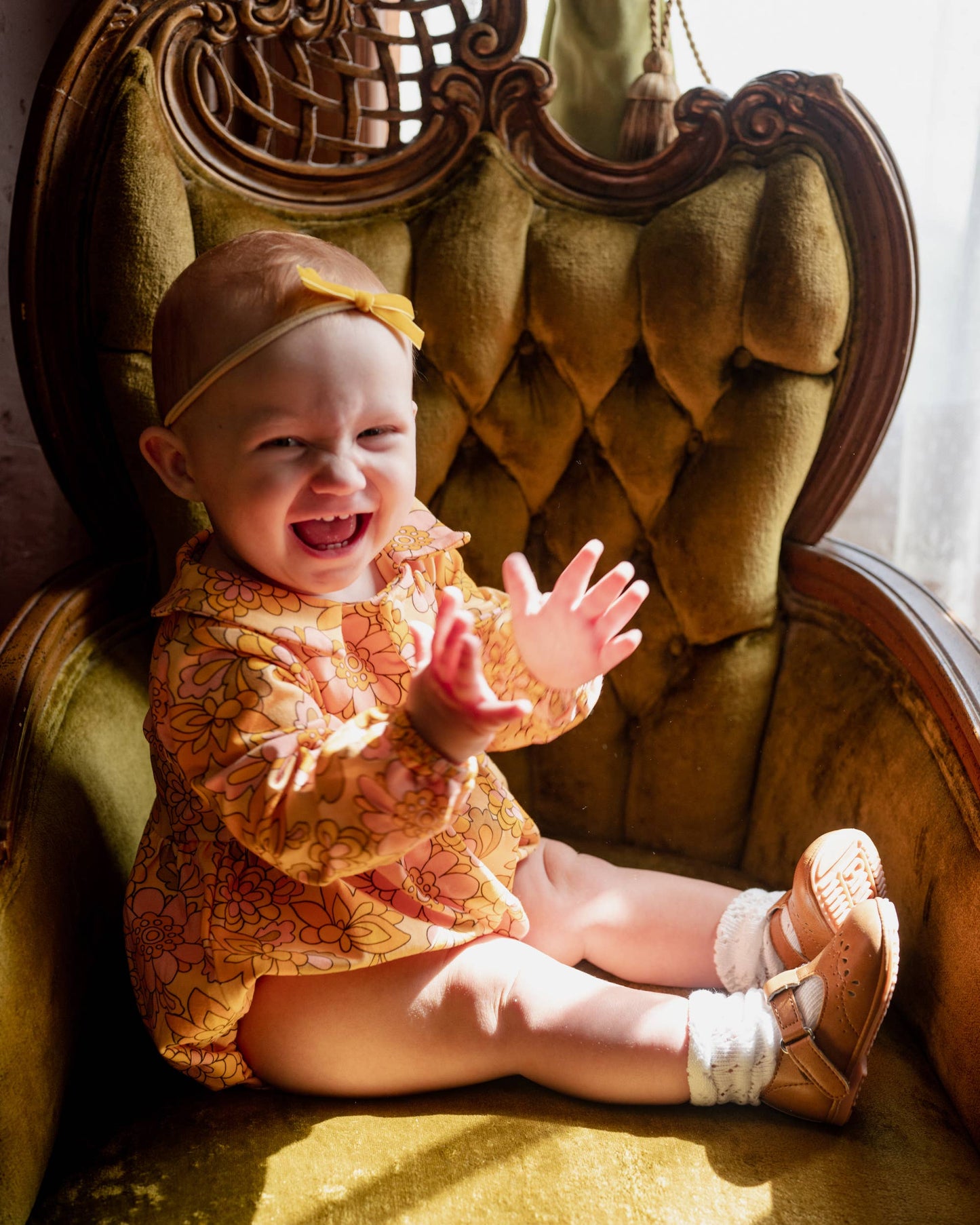 Seventies Yellow Retro Floral Collar Romper