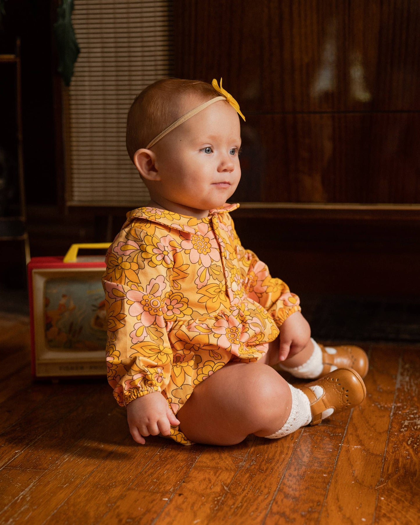 Seventies Yellow Retro Floral Collar Romper